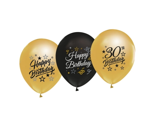 Balony Happy Birthday 30 kpl. 5szt - Złoty/Czarny