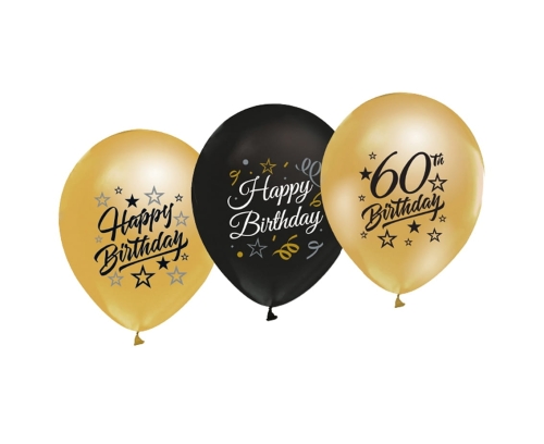 Balony Happy Birthday 60 kpl. 5szt - Złoty/Czarny