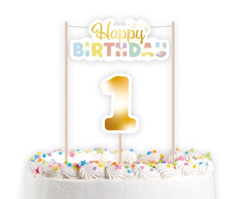 Topper na Tort Roczek Happy Birthday - Tęczowy