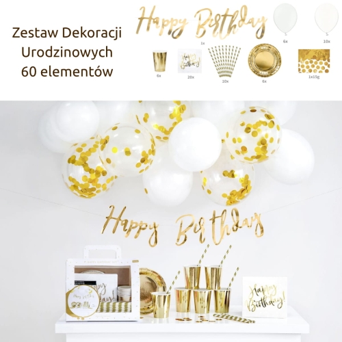 Zestaw Urodzinowy Happy Birthday 60 Elementów - Złoty