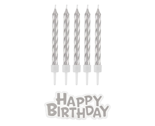 Świeczki Urodzinowe Happy Birthday 8cm kpl. 16szt - Srebrny