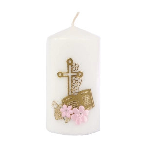 Świeca Słupek IHS Krzyż i Książka 5x9cm - Różowe Kwiatki