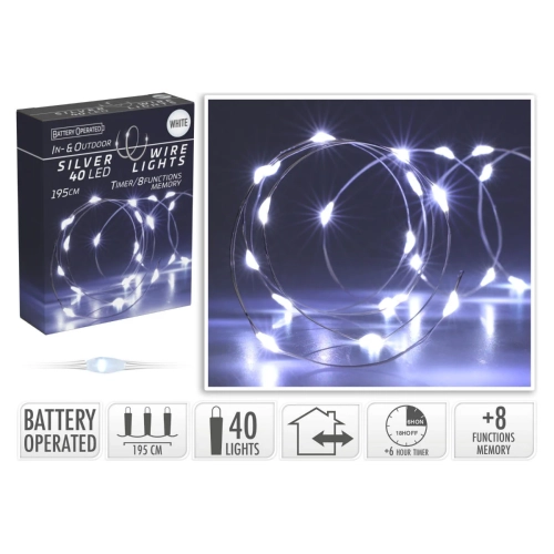 Lampki LED 40 Diod Łezka na Baterie Timer/Programator - Zimny Biały