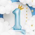 Balon Foliowy Stojący Cyfra 1 z Koroną 84cm - Błękitny