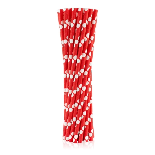 Słomki Papierowe Czerwone w Groszki 20cm kpl. 24szt 