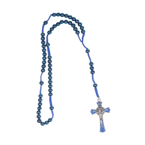 Różaniec Hematyt z Krzyżem Benedyktyńskim 46cm - Niebieski