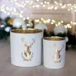 Lampion Szklany na Podgrzewacz Jeleń 15cm - Biały/Złoty