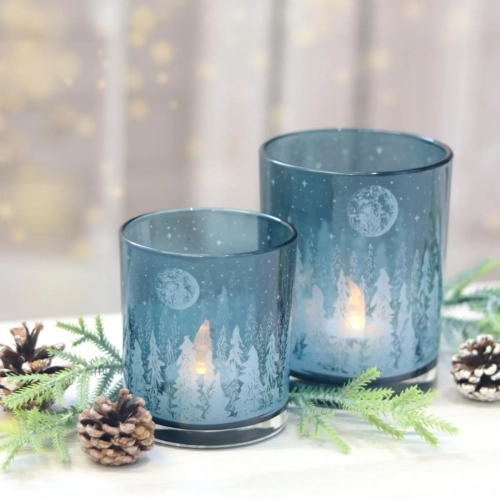 Lampion Szklany na Podgrzewacz Las 12cm - Niebieski