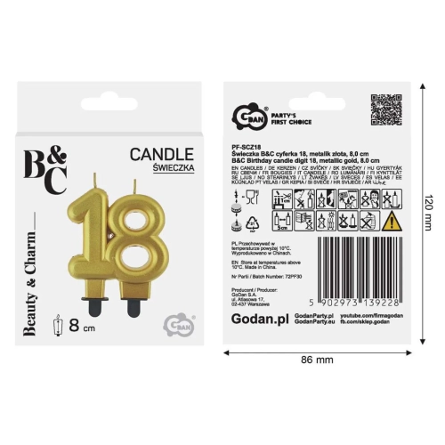 Świeczka Urodzinowa Cyfra 18 Metaliczna - Złoty