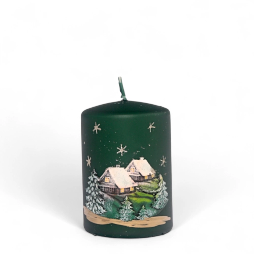 Świeca Zimowy Domek Słupek 7x9cm - Zielony