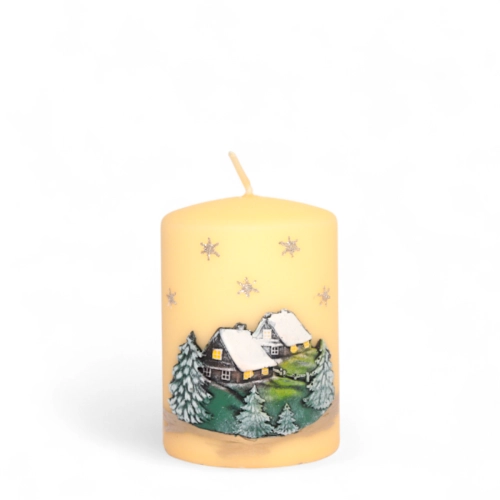 Świeca Zimowy Domek Słupek 7x9cm - Kremowy