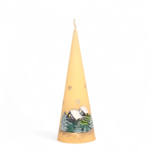 Świeca Zimowy Domek Stożek 7x20cm - Kremowy