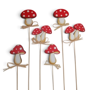 Grzybki Muchomory Drewniane na Piku 6cm kpl. 6szt