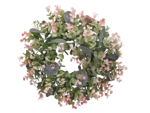Wianek Sztuczny Bukszpan z Eukaliptusem 36cm Pastel - Zielony/Różowy