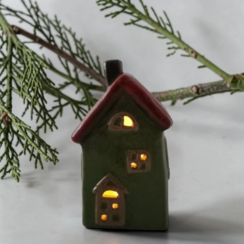 Ceramiczny Domek LED 15cm - Zielony/Czerwony